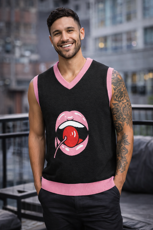 Cherry V-Neck Knit Sweater — Front + Back Motif